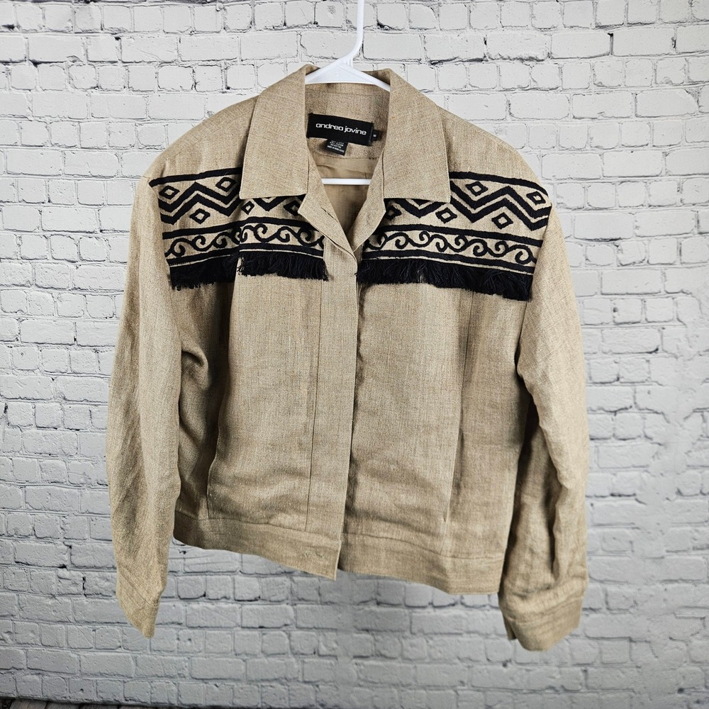 Andrea Jovine Vintage Linen Jacket Tan Western Embroidery Fringe Women Size 8